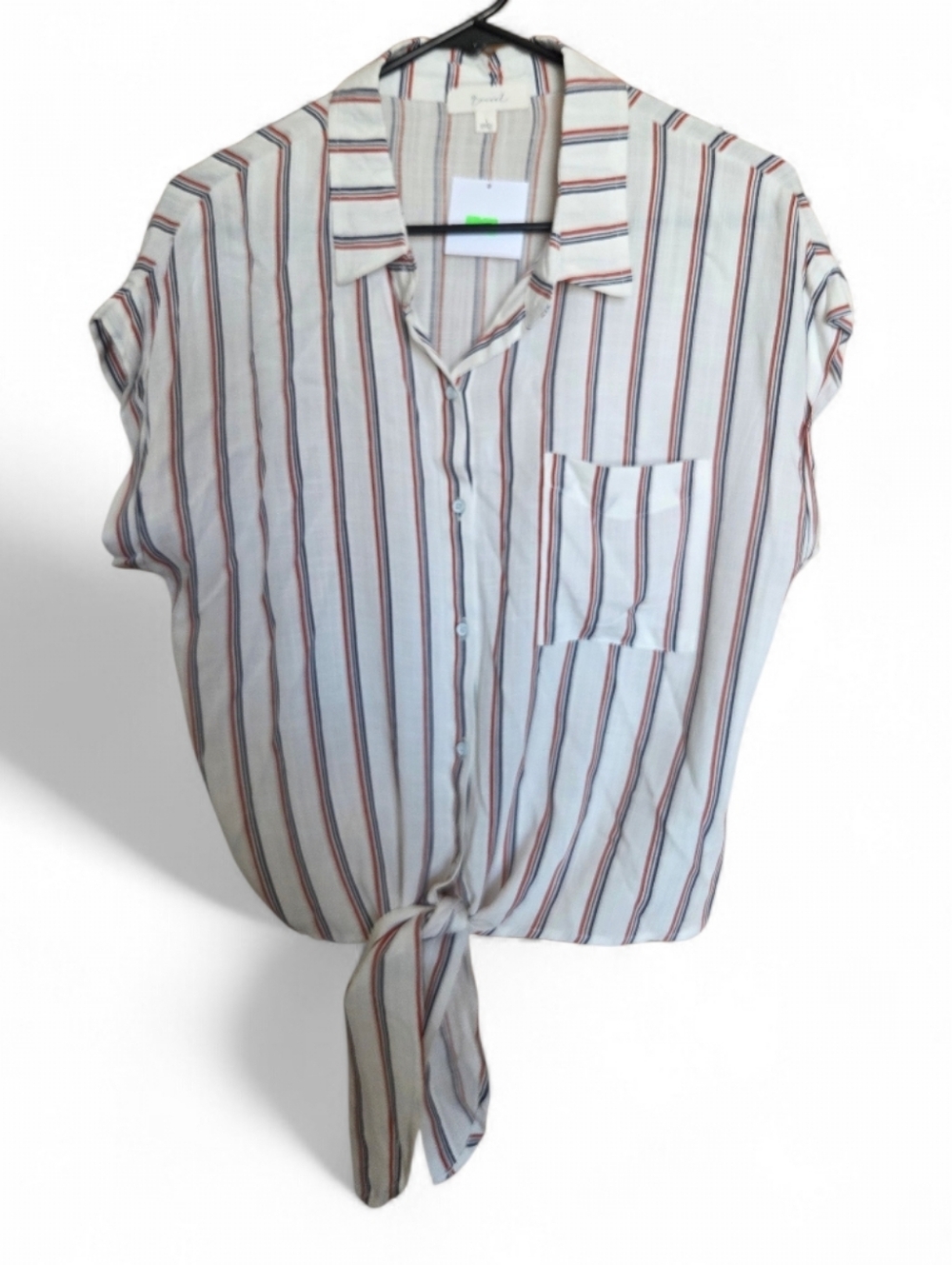 Striped Tie-Front Button-Up Shirt — White with Red & Blue Stripes Retro